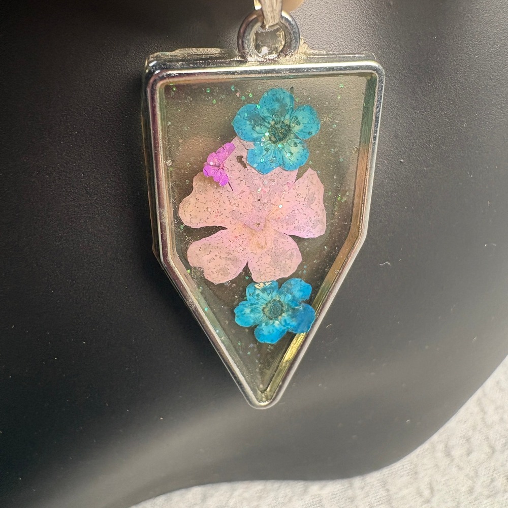 Handmade Pressed Flower Resin Pendant Shield Shape Blue Pink Floral Silver Tone